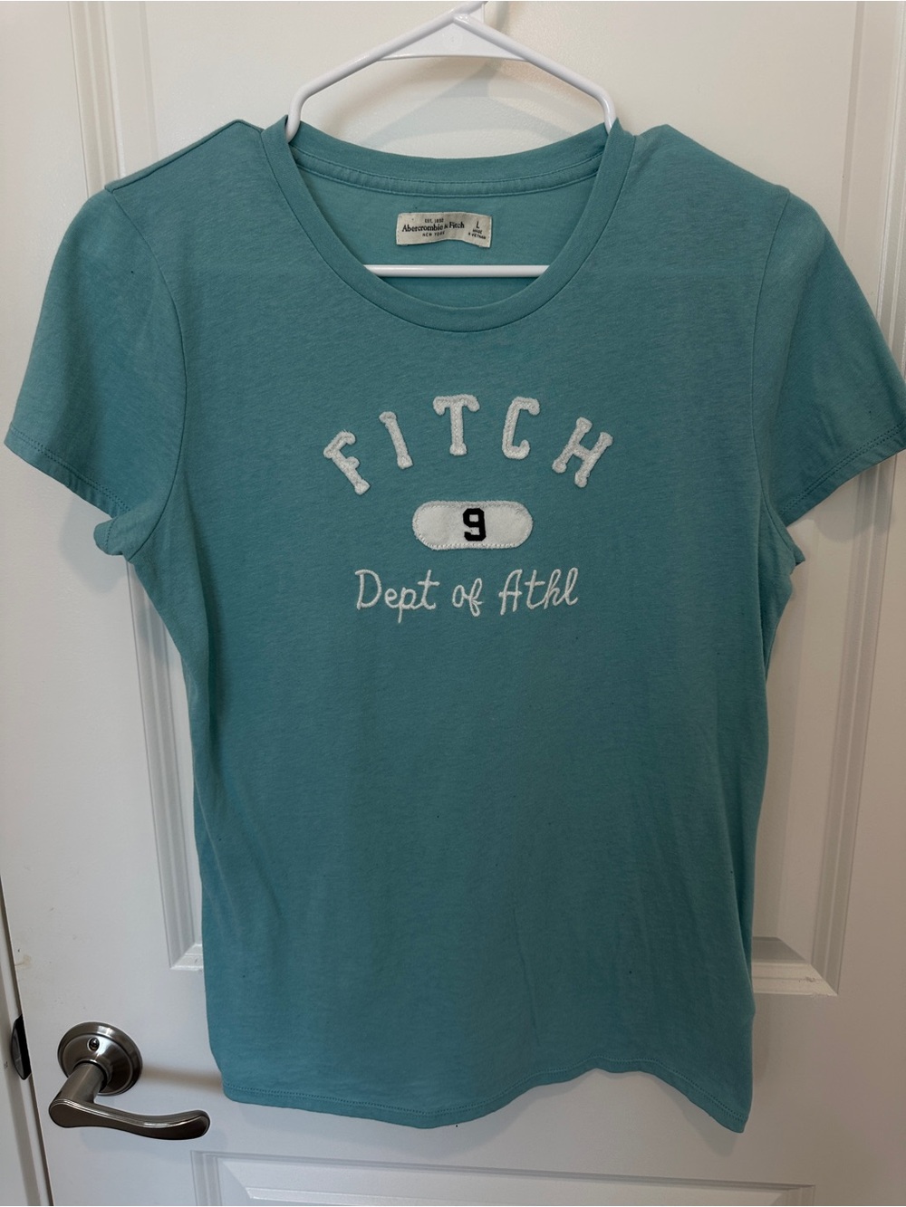 Abercrombie & Fitch Y2K Tee Womens L Teal Fitch 9 Dept of Athl Graphic
